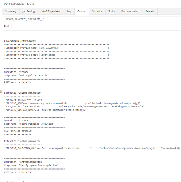 Figure 6. View of Amazon SageMaker job output from Control-M Monitoring domain.