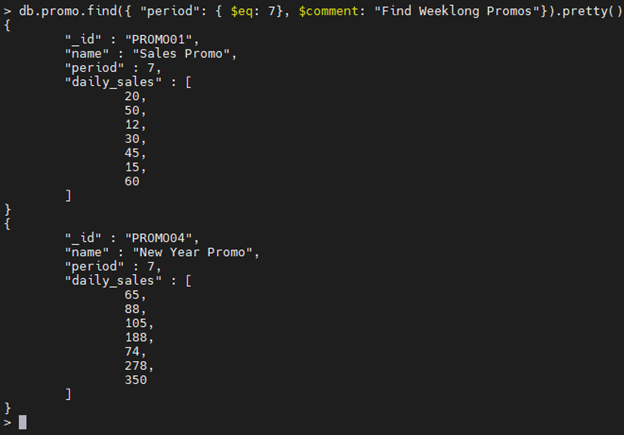 MongoDB $comment operator example.
