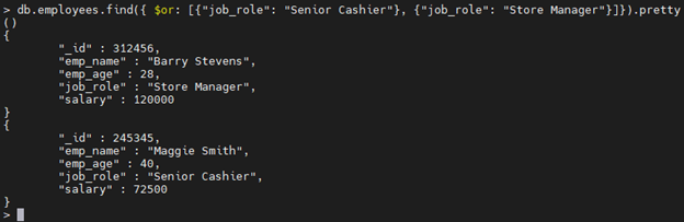 MongoDB $or operator example.